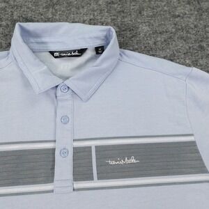 TravisMathew Polo Shirt Mens Medium Blue‎ Striped Chest Panel Pima Cotton Blend